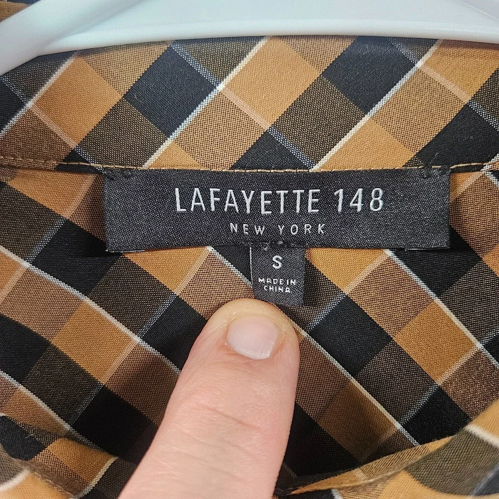 Lafayette 148 Shirt Women Small Hidden Button‎ Up Long Sleeve Brown Black Plaid - Picture 4 of 10